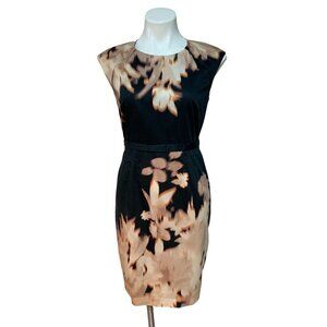 Elie Tahari Sheath Watercolor Floral Dress Stretch Cotton Size 6 Black Gold